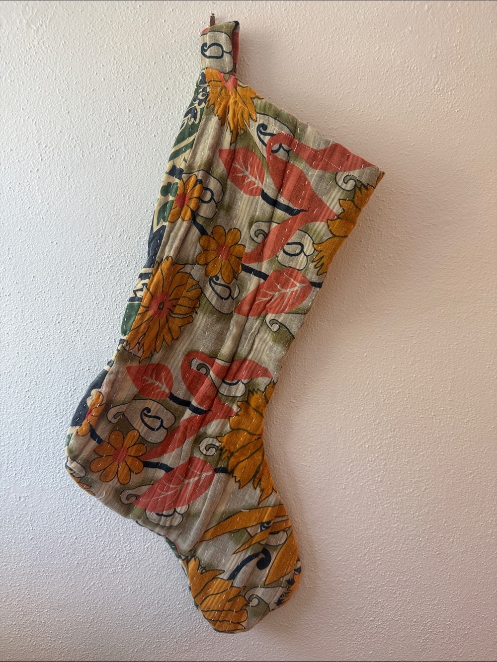 Handmade stocking from vintage katha quilt